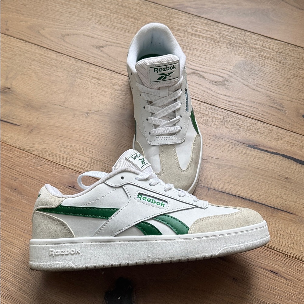 Reebok womens White and Beige Sneakers with Green Accents